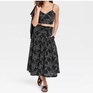 Universal Thread Tie Waist Dark Floral A-Line Linen Button Down Skirt